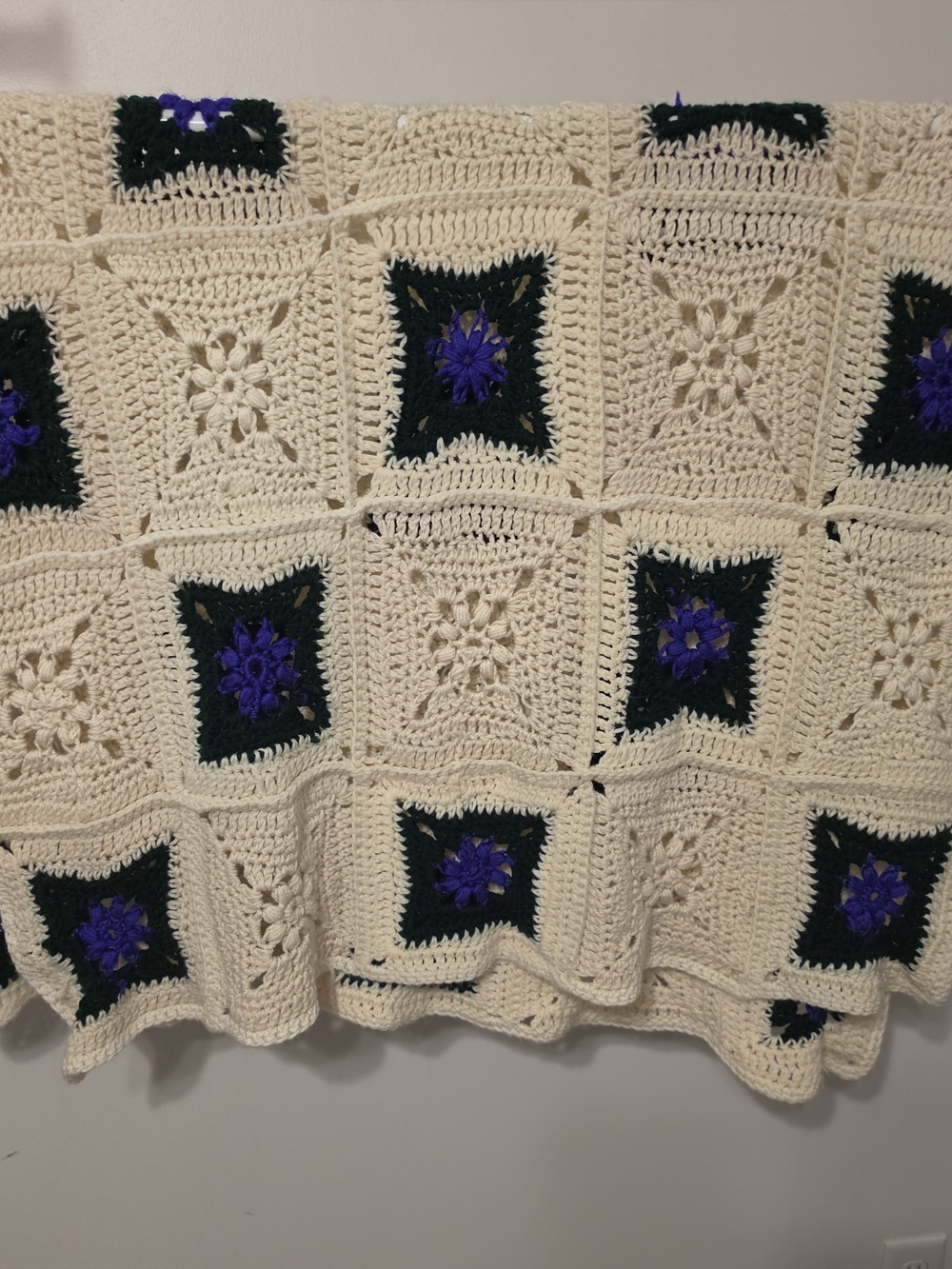 Cream Crochet Throw Blanket with Dark Green & Purple Accents